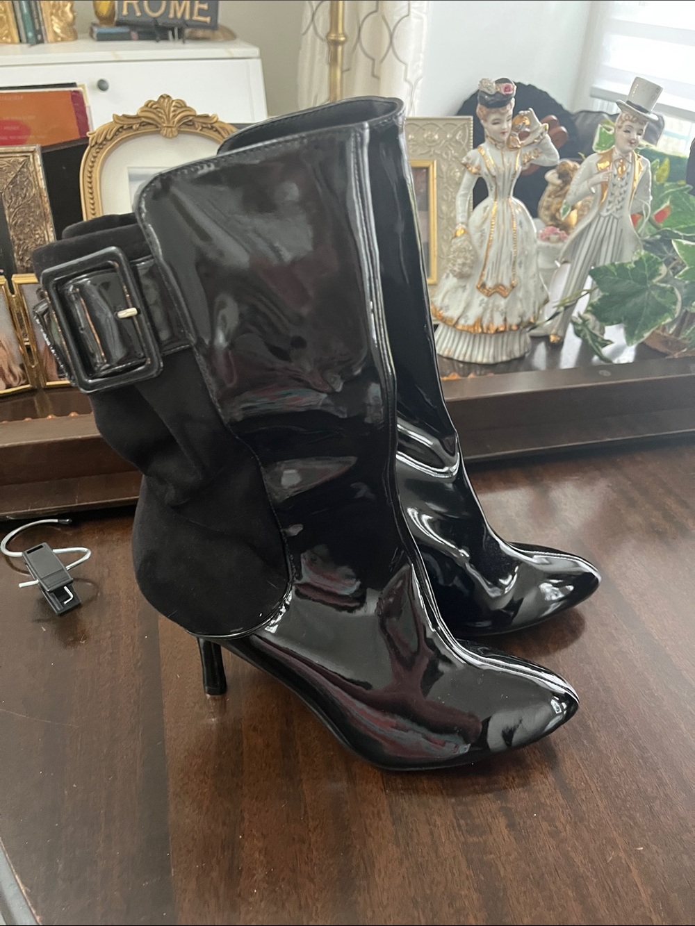 CL by Laundry Black Patent Mid-Calf Stiletto Boots with Buckle Accent